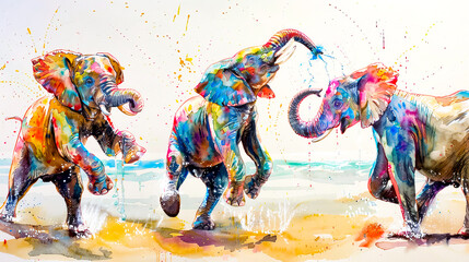 Painting of three elephants on beach with water splashing all over them.