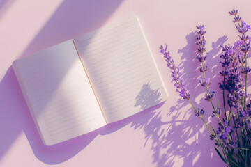 Open notebook laying in shadows next to some lavender flowers on pale pink background. Top view, copy space