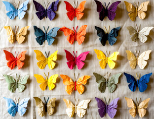 Group of colorful butterflies sitting on top of white sheet of paper.