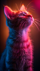 portrait of cat with eyes shinning on neon lights and black background