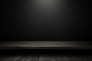 Black background with a wooden table, product display template. black background with a wood floor. Black and white photo of an empty room for presentation 