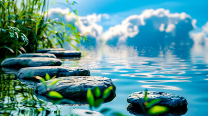 Body of water with rocks in the middle of it and grass in the foreground.