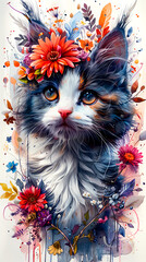 Painting of cat with flower crown on it's head.