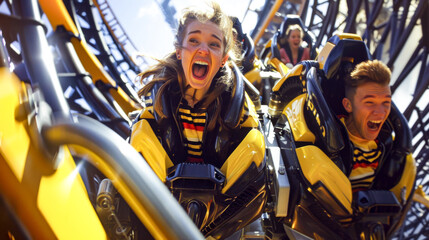 Woman in yellow and black striped shirt is riding roller coaster. - Powered by Adobe