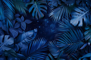 Collection of tropical leaves, foliage plant in blue color with space background