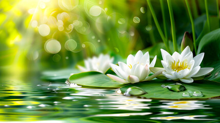 Group of white water lilies floating on top of green lily pad.