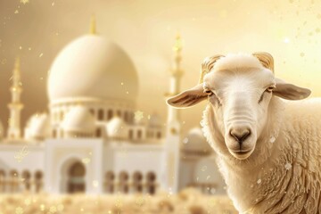 Realistic Islamic Eid Al Adha Mubarak Background with Animal For sacrifice and copy space - generative ai