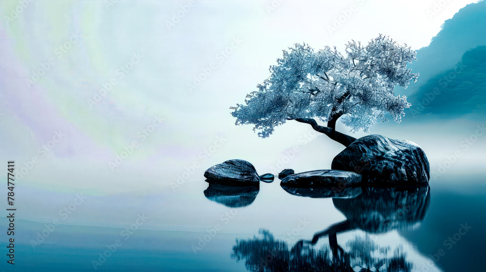 Aufkleber tree that is sitting in the middle of body of water with rocks in front of it.