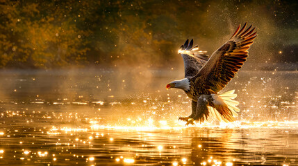 Bird flying over body of water with light reflecting off of it's wings.