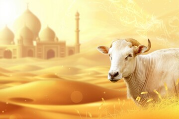 Naklejka premium Realistic Islamic Eid Al Adha Mubarak Background with Animal For sacrifice and copy space - generative ai
