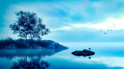 Lone bird is sitting on rock in the middle of lake. - Powered by Adobe