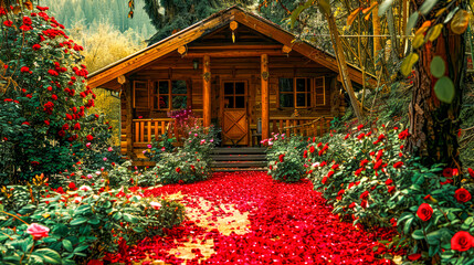 Fototapeta na wymiar Small wooden cabin surrounded by flowers and greenery with red pathway leading to it.