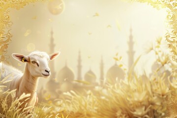 Obraz premium Realistic Islamic Eid Al Adha Mubarak Background with Animal For sacrifice and copy space - generative ai