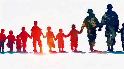 Naklejka premium Group of children holding hands and walking across snow covered ground with the sun behind them.