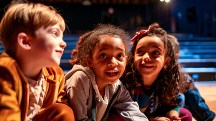 Group of young girls sitting next to each other in front of stage.