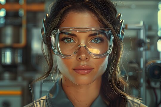 Illustration of a young woman wearing a uniform and safety glasses. Working with machines can use to make campaign posters protect safety, background presenting about the equality of women's rights.
