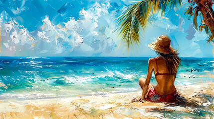 Painting of woman in straw hat sitting on beach looking out at the ocean.