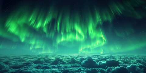 aurora borealis, northern lights in the sky above the clouds, aerial view - obrazy, fototapety, plakaty