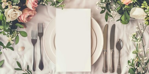 Menu, wedding invitation mock up. Beautiful table setting on gray linen tablecloth. Festive table setting for wedding dinner with pink spray roses and cabdle. AI generated illustration - obrazy, fototapety, plakaty