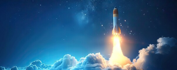 Rocket soaring through clouds in the sky, surrounded by natures beauty. AI generated illustration