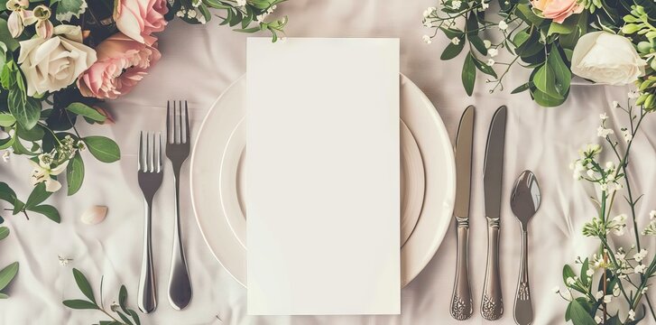 Menu, wedding invitation mock up. Beautiful table setting on gray linen tablecloth. Festive table setting for wedding dinner with pink spray roses and cabdle. AI generated illustration