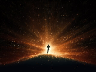 Silhouette of a person surrounded by sparkling fiery energy, on dark background. Man having a mystical experience. Meditation, cosmic consciousness, energy work.