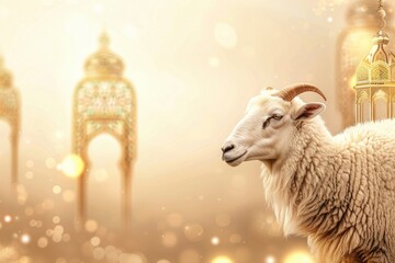 Fototapeta premium Realistic Islamic Eid Al Adha Mubarak Background with Animal For sacrifice and copy space - generative ai