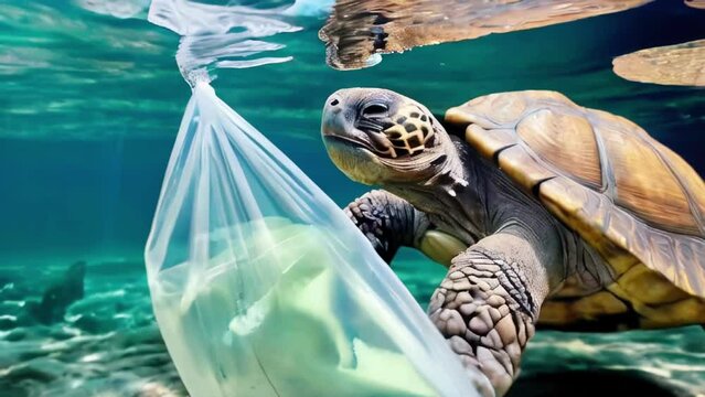 Sea turtle encountering a plastic bag in the ocean. Marine life affected by plastic pollution. Concept of environmental impact, ocean conservation, and waste reduction. Motion