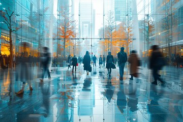 Blurred movement: Corporate office scene with bustling business people