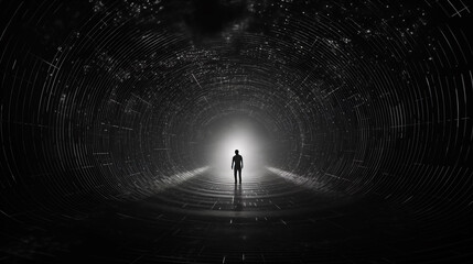 Person passing through the eerie dark tunnel leading to the glowing white light. Afterlife, hope, travel, exploring the unknown. Mysterious portal, gateway to a different dimension.