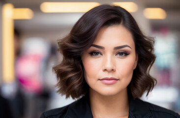 Obraz premium Close-up of a hairstylists face, confident expression, blurred salon background. AI generated.