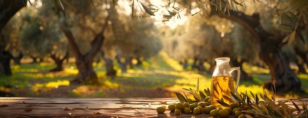 Obraz na płótnie Canvas Glass container with olive oil on wooden table with branches and olives in crop field full of olive trees with sunshine. AI generated illustration