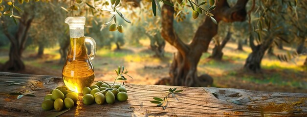 Glass container with olive oil on wooden table with branches and olives in crop field full of olive trees with sunshine. AI generated illustration - obrazy, fototapety, plakaty