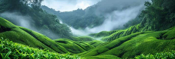 Dreamy foggy landscape: Spectacular view of lush tea plantation on mountain slope - obrazy, fototapety, plakaty