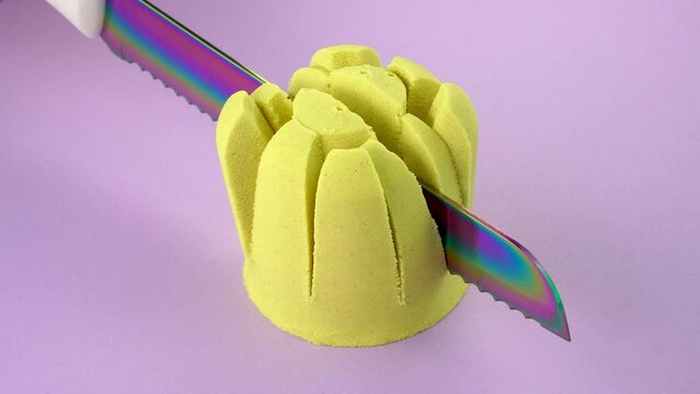 Very Satisfying and Relaxing Kinetic Sand ASMR video. Cutting anti stress macro close up colorful Kinetic Sand with a Knife. ASMR sounds.