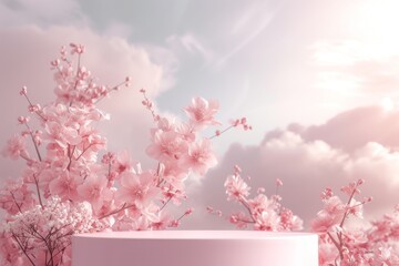 Empty round podium platform stand for product presentation and pink spring summer flowers on beautiful sky background. Front view. Mockup