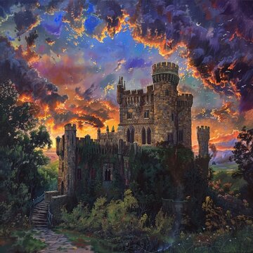 A fairytale medieval castle perched on a hill is bathed in the warm glow of twilight. The sky transitions from day to night, with stars emerging as the moon rises. A winding path leads to the castle