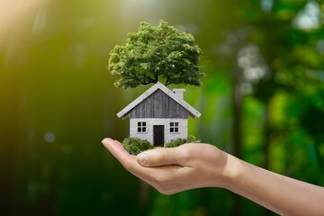 Hand holding a small house with a tree growing from it