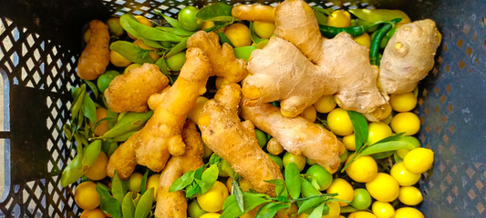 fresh ginger and lemons close up stock photo
