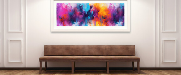 Embark on a journey through a room adorned with a vibrant illustration within a blank white frame, with bursts of adventurous color splashes guiding your way. 
