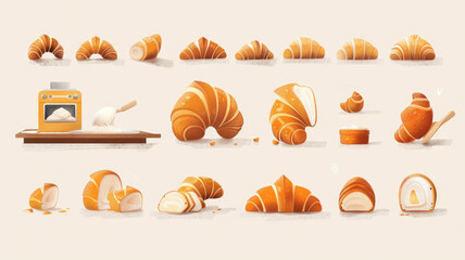playful and stylized illustration showcasing the step-by-step making of croissants, from dough kneading to baking, culminating in various stages of rolled pastry, inviting viewers to the art of baking