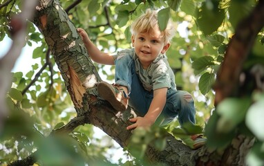 Adorable young boy climbing on  branches on a tree.