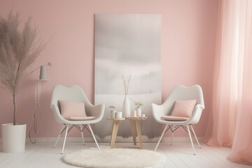 Drift into a dreamy Nordic escape with two chrs in soft pastel colors, a central table, and an empty canvas agnst a backdrop of pure pink, white, or yellow, 