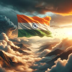 INDIA FLAG FLYING in cloud, sunset evening, Indian flag, Indian independence day, aid generated image , 2024
 - obrazy, fototapety, plakaty