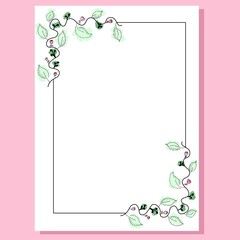 The image consists of a decorated border for a vertical card, the border has a vine with leaves and flowers, painted with a watercolor effect in soft colors. The edge is delicate, and beautiful
