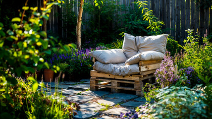 fauteuil fabriqu&eacute; en palettes en bois avec coussins dans un jardin