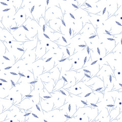The image consists of a print or pattern with light blue leaves and light blue branches on a white background