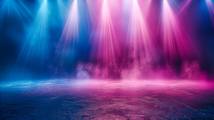 Empty Stage Illuminated by Blue Spotlight, Preparing for a Theatrical or Musical Performance - obrazy, fototapety, plakaty