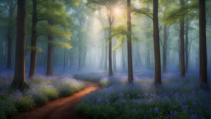 A sunbeam pierces through the treetops, illuminating a lush carpet of bluebells in a woodland, embodying the lively spirit of spring