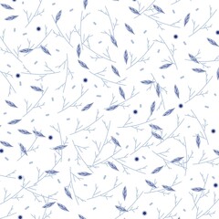 The image consists of a print or pattern with light blue leaves and light blue branches on a white background